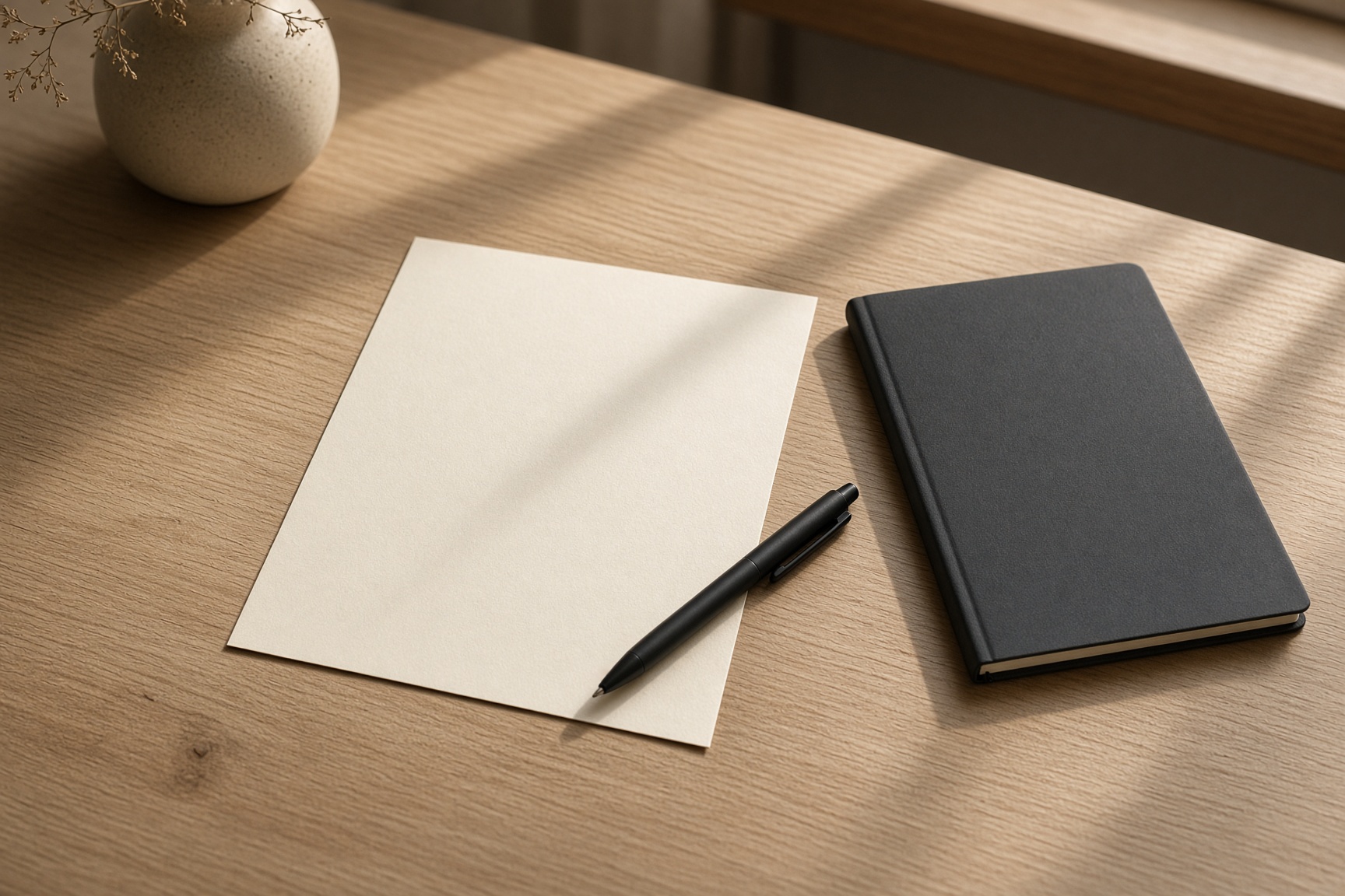A blank page, a pen, and a closed notebook on a desk