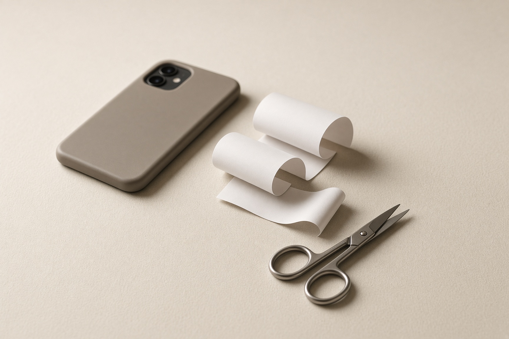 A face-down phone, curled receipts, and scissors on a cream table