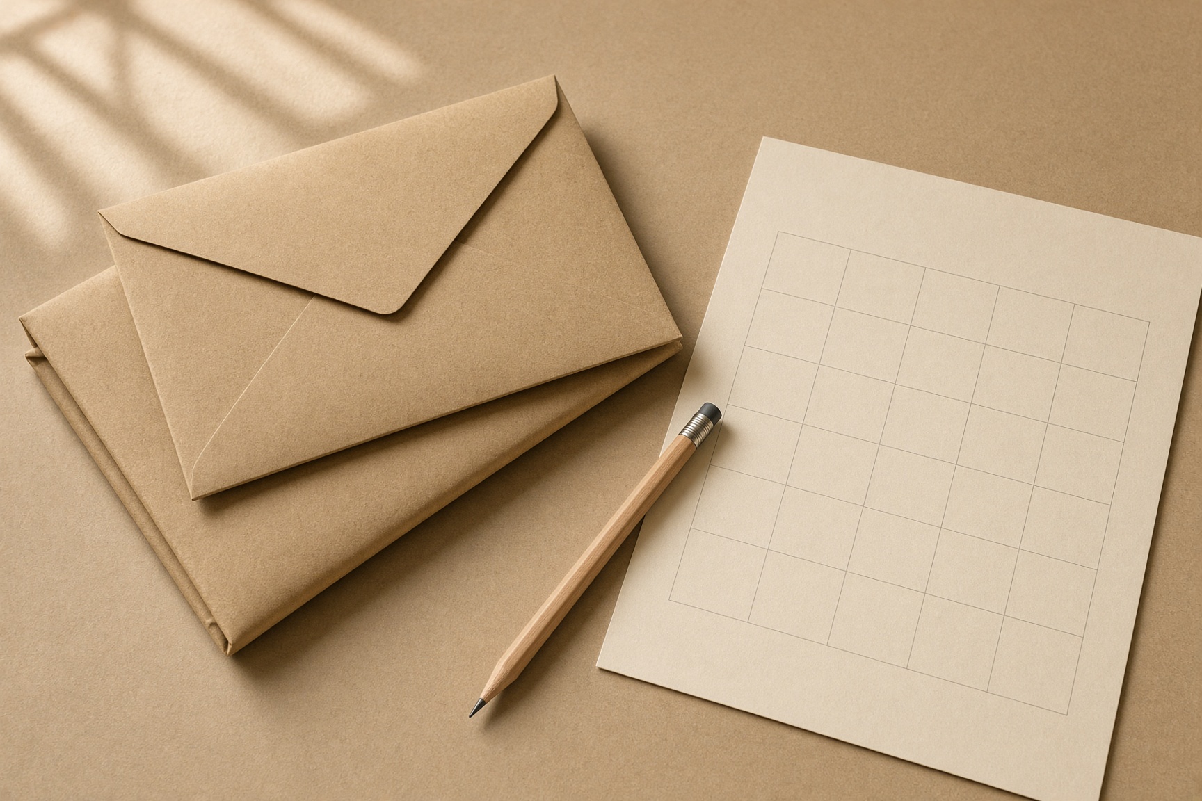 Two kraft envelopes, a blank calendar, and a pencil on warm paper
