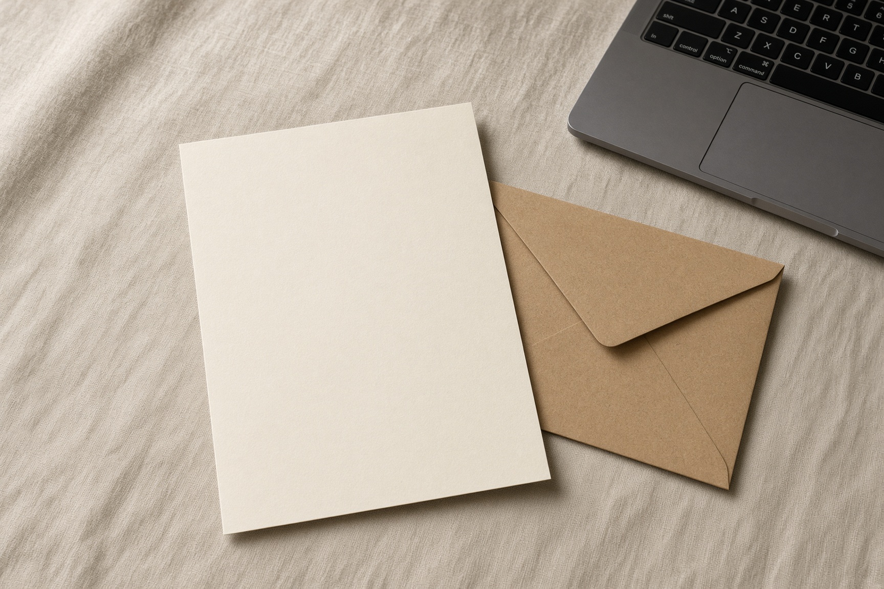 Blank letter paper, an envelope, and the corner of a laptop