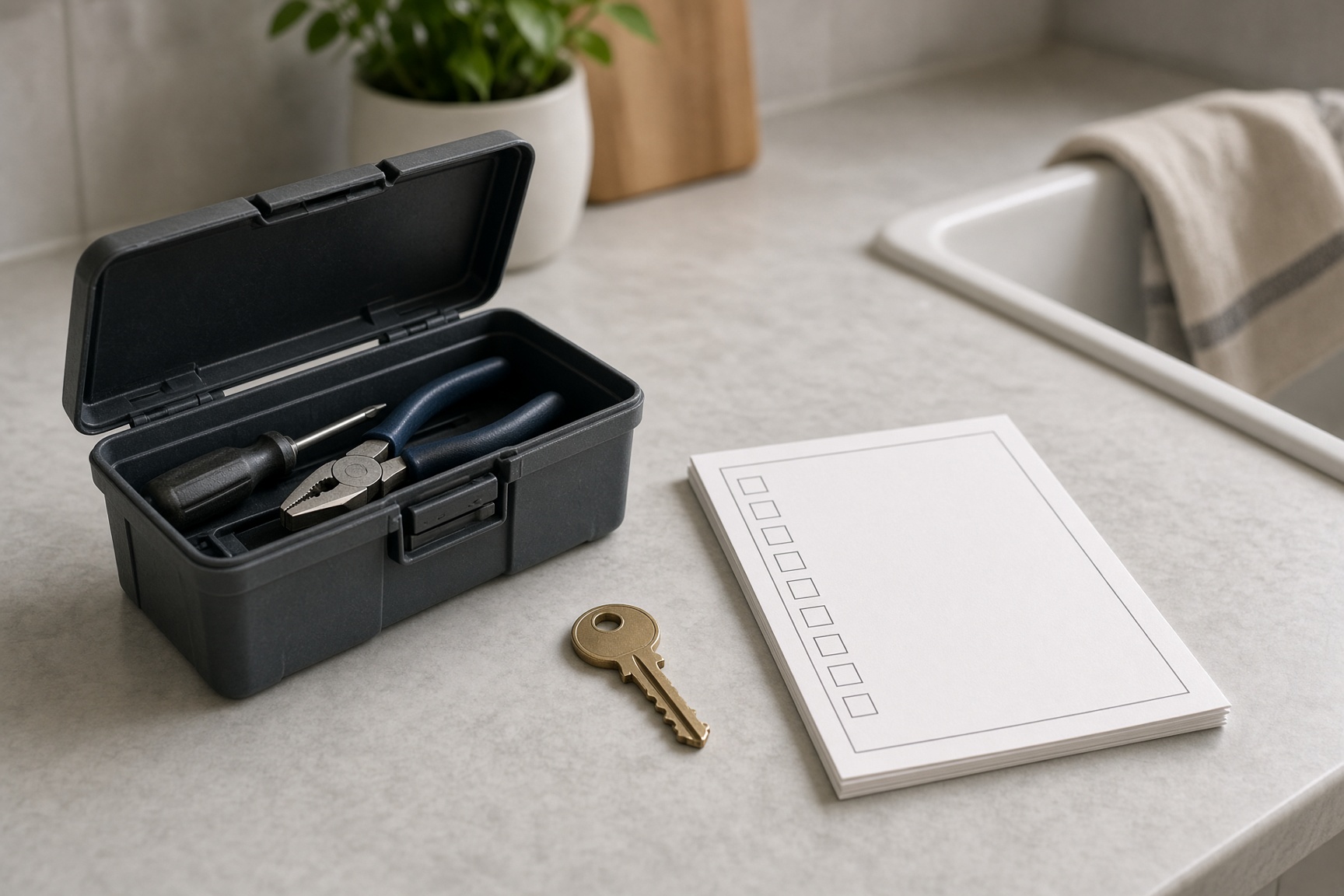 An open toolbox, a house key, and a blank checklist on a counter