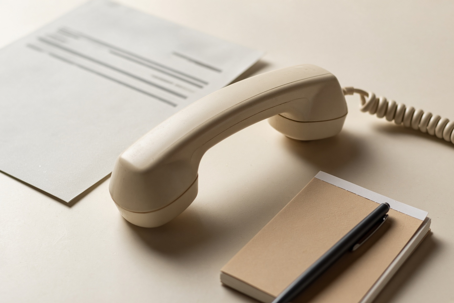 A corded phone beside a blurred paper bill and a notepad
