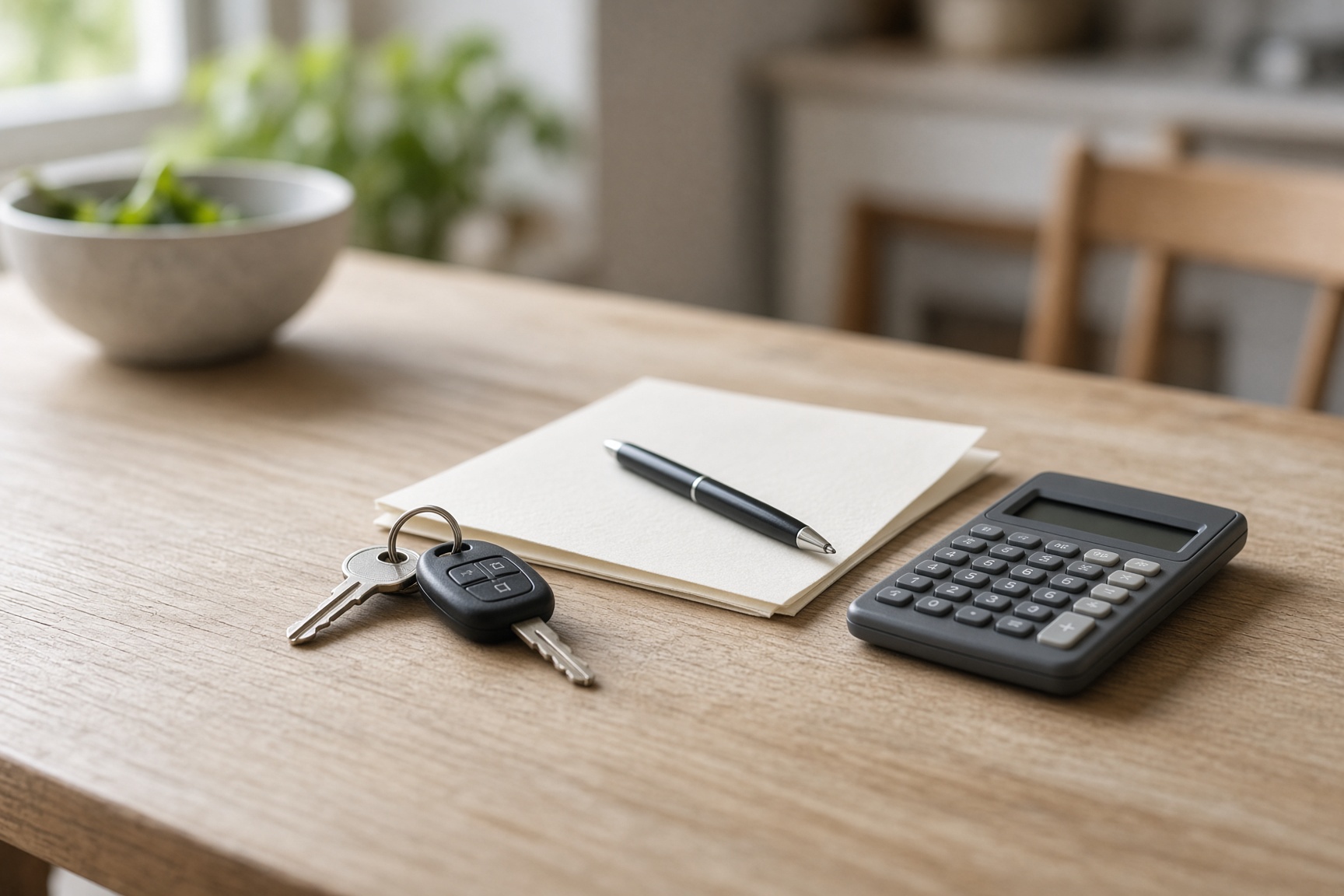Car keys, a face-down paper, a pen, and a calculator on a table
