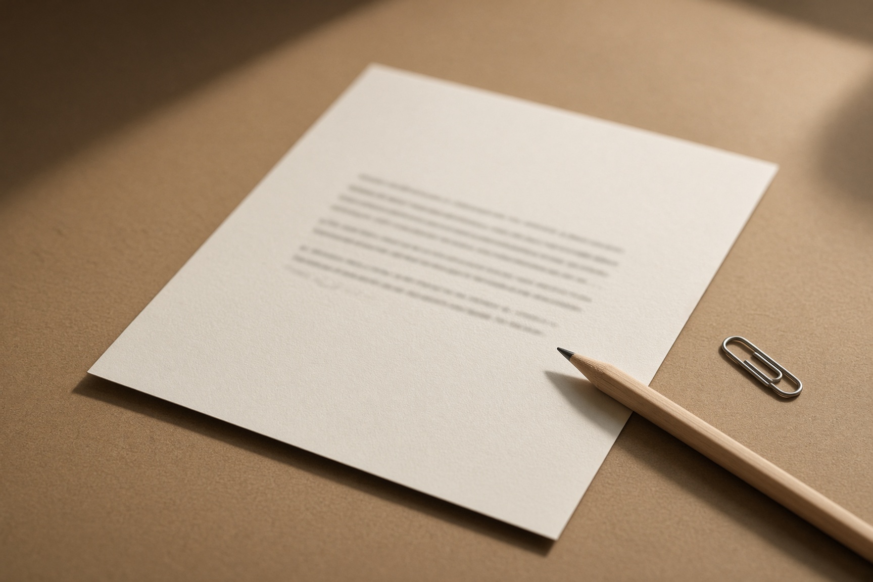 A blurred one-page resume, a pencil, and a paper clip