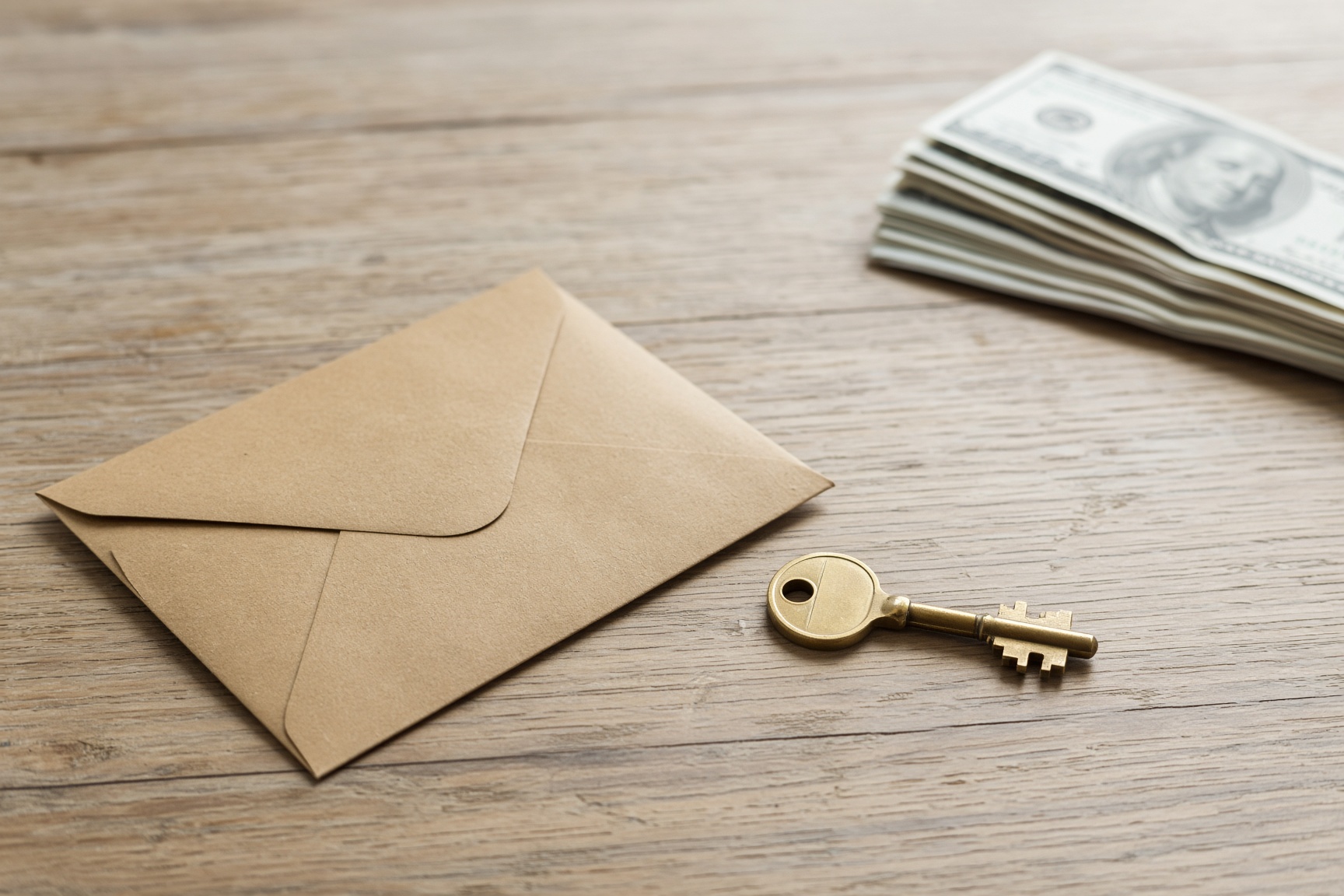 A kraft envelope, folded bills, and a house key on a wooden table