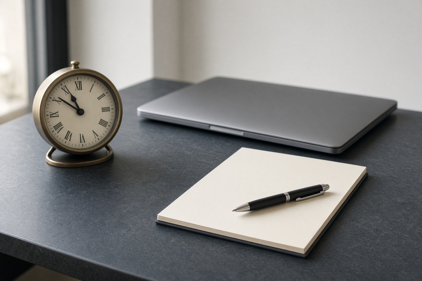 A desk clock, a closed laptop, and a blank invoice pad