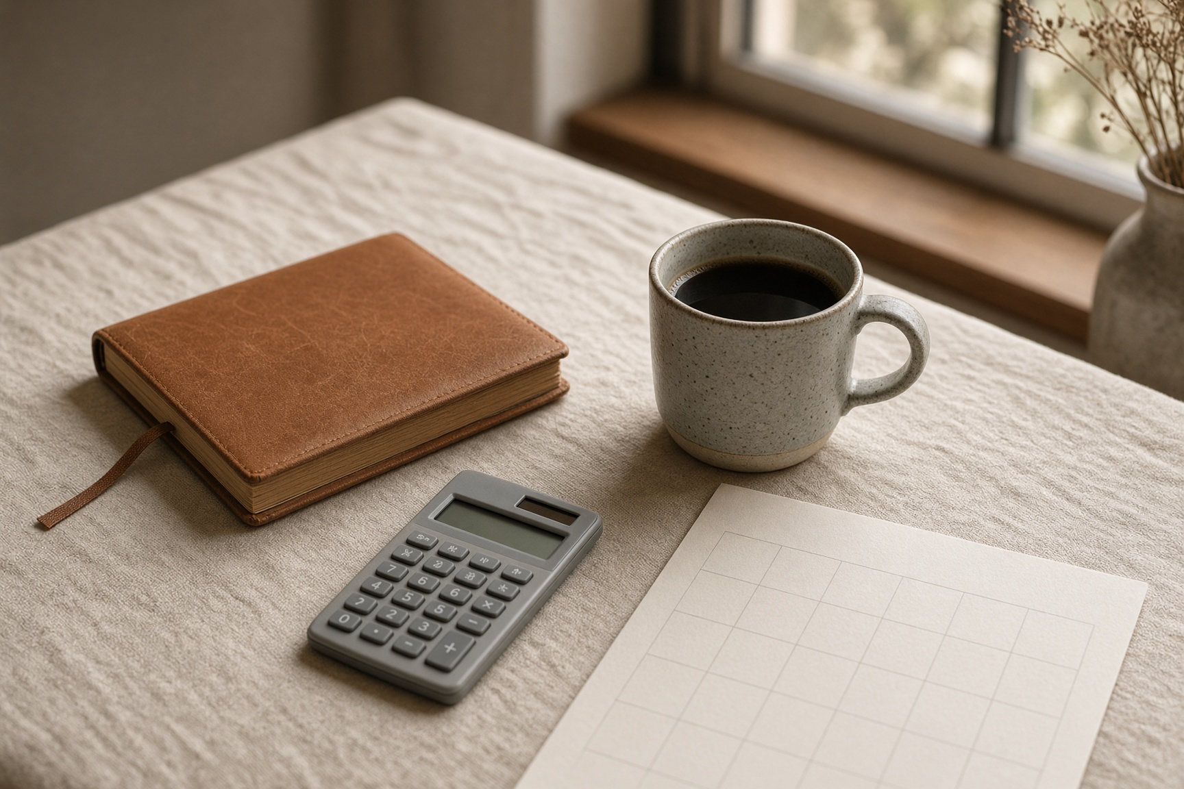A closed notebook, calculator, and coffee mug on a linen table