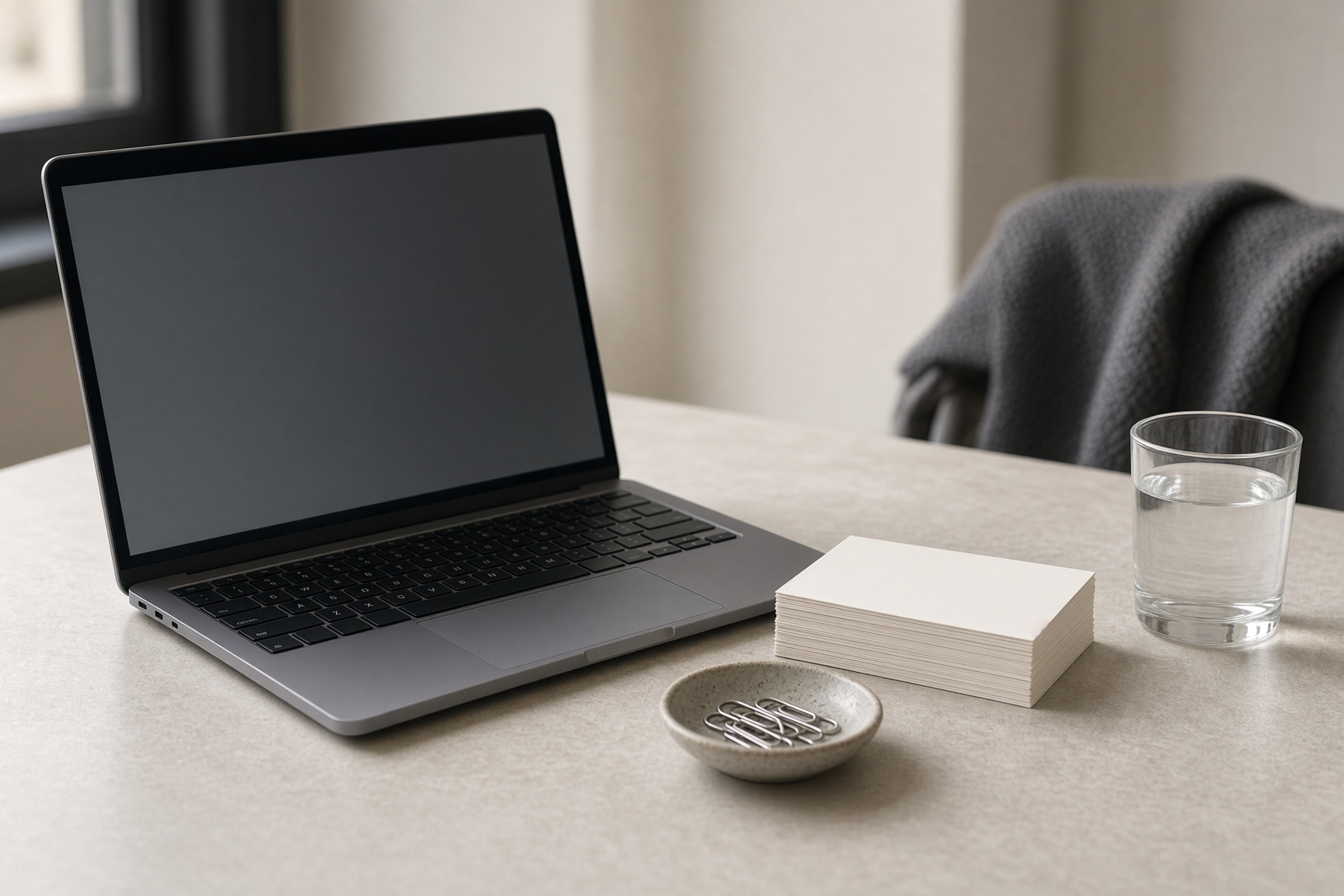 An open laptop, a stack of note cards, and a glass of water on a desk